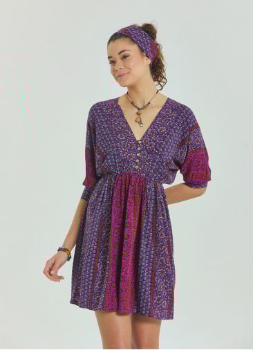 V Neck Elastic Waist Backless Purple Flower Dress 4566